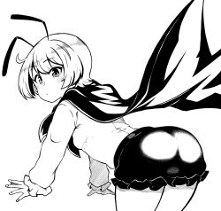 Rule 34 | 1girl, :/, ass, bent over, blush, cape, frills, from behind, greyscale, highres, himajin noizu, long sleeves, looking at viewer, looking back, monochrome, shorts, solo, touhou, wriggle nightbug