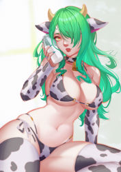 Rule 34 | 1girl, absurdres, animal ears, animal print, bell, bikini, bottle, breasts, ceres fauna, cow ears, cow horns, cow print, cow print bikini, cowbell, detached sleeves, green hair, heart, heart-shaped pupils, highres, hololive, hololive english, horns, large breasts, lips, long hair, looking at viewer, midriff, milk bottle, nail polish, navel, oakproud, print bikini, side-tie bikini bottom, signature, simple background, skindentation, solo, swimsuit, symbol-shaped pupils, thighhighs, virtual youtuber, white background