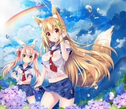 Rule 34 | 2girls, animal ear fluff, animal ears, blonde hair, blush, bra, breasts, brown hair, duji amo, flower, fox ears, fox tail, green eyes, hydrangea, light purple hair, long hair, looking at viewer, multiple girls, open mouth, original, panties, parted lips, rabbit ears, rain, rainbow, red eyes, school uniform, see-through, smile, striped clothes, striped panties, summer, tail, twintails, underwear, usagihime, very long hair, water drop, wet, wet clothes