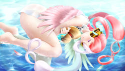 Rule 34 | 1girl, absurdres, ass, bare legs, barefoot, closed mouth, dress, feathered wings, hair over one eye, hat, headphones, highres, legs, long hair, lying, mee don, multicolored hair, on side, one piece, one piece film: red, partially submerged, pink wings, purple eyes, red hair, sleeveless, smile, solo, straw hat, twintails, two-tone hair, uta (one piece), water, white dress, white hair, wings