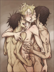 Rule 34 | 3boys, blonde hair, brothers, group sex, male focus, mmm threesome, monkey d. luffy, multiple boys, one piece, portgas d. ace, sanji (one piece), sex, siblings, syb, tattoo, threesome, tongue, yaoi