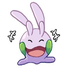 Rule 34 | +++, :d, closed eyes, commentary, creatures (company), facing viewer, full body, game freak, gen 6 pokemon, goomy, happy, nintendo, no humans, open mouth, pokemon, pokemon (creature), rei (esprei96), simple background, smile, solo, tongue, white background