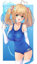 Rule 34 | 1girl, ahoge, amrita (amber78gou), blonde hair, blue one-piece swimsuit, breasts, commentary request, cowboy shot, gloves, green eyes, hair ornament, hose, idolmaster, idolmaster cinderella girls, impossible clothes, impossible swimsuit, long hair, looking at viewer, medium breasts, name tag, one-piece swimsuit, open mouth, partially fingerless gloves, sato shin, school swimsuit, simple background, smile, solo, standing, swimsuit, thighhighs, twintails, water, white gloves, white thighhighs