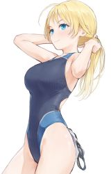 Rule 34 | 1girl, ahoge, black one-piece swimsuit, blonde hair, blue eyes, breasts, commentary request, competition swimsuit, cowboy shot, goggles, highleg, highleg swimsuit, highres, holding, holding hair, long hair, medium breasts, mikazuchi zeus, one-piece swimsuit, original, simple background, solo, standing, striped clothes, striped one-piece swimsuit, swimsuit, unworn goggles, unworn swim cap, white background