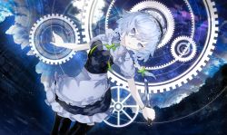 Rule 34 | 1girl, apron, black dress, black pantyhose, bow, braid, breasts, building, cloud, commentary request, cowboy shot, dress, frilled apron, frills, gears, green bow, green ribbon, grey eyes, hair between eyes, hair bow, highres, holding, holding knife, holding weapon, izayoi sakuya, knife, kusakanmuri, left-handed, light particles, looking at viewer, magic circle, maid, maid apron, maid headdress, medium breasts, neck ribbon, night, night sky, outdoors, pantyhose, parted lips, petticoat, puffy short sleeves, puffy sleeves, reverse grip, ribbon, shirt, short dress, short hair, short sleeves, silver hair, sky, solo, star (sky), starry sky, thighs, touhou, twin braids, waist apron, weapon, white apron, white shirt