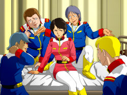 Rule 34 | 1girl, 4boys, bed, belt, black eyes, black hair, blonde hair, blue hair, bonjin-do, boots, breasts, brown hair, character request, curtains, freckles, group sex, group sex, gundam, highres, imminent rape, large breasts, legs, masaki (mobile suit gundam), mobile suit gundam, multiple boys, open mouth, pillow, short hair, sitting, smile, thighs, uniform