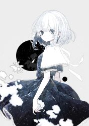Rule 34 | 1girl, absurdres, black dress, blush, bob cut, capelet, closed mouth, commentary, cowboy shot, dress, expressionless, falling petals, flower, frilled dress, frills, from side, grey background, grey eyes, hair between eyes, highres, holding, holding flower, original, oseto (oxxsexxto), petals, pleated dress, ribbon, short hair, short sleeves, sidelocks, simple background, slit pupils, solo, white capelet, white flower, white hair, white ribbon