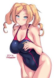 Rule 34 | 1girl, black one-piece swimsuit, blonde hair, blue eyes, breasts, cleavage, collarbone, competition swimsuit, covered navel, cowboy shot, dated, drill hair, highleg, highleg swimsuit, highres, honolulu (kancolle), kantai collection, large breasts, long hair, looking at viewer, montemasa, multicolored clothes, multicolored swimsuit, one-hour drawing challenge, one-piece swimsuit, simple background, smile, solo, swimsuit, twin drills, twintails, twitter username, white background