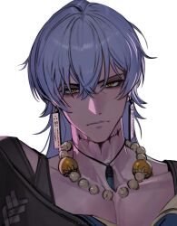 Rule 34 | 1boy, absurdres, artist name, bead necklace, beads, black shirt, chadetteisgiga, closed mouth, collarbone, commentary, crossed bangs, earrings, english commentary, frown, geshulin (wuthering waves), grey hair, hair between eyes, highres, jewelry, long hair, looking at viewer, male focus, necklace, pectoral cleavage, pectorals, scar, scar on face, scar on mouth, serious, shirt, simple background, solo, tacet mark (wuthering waves), tooth necklace, upper body, white background, wuthering waves, yellow eyes