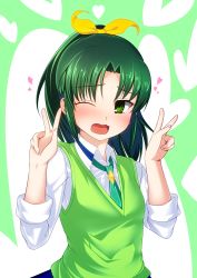 Rule 34 | 10s, 1girl, absurdres, blush, double v, green eyes, green hair, green necktie, hair ribbon, heart, highres, long hair, matching hair/eyes, midorikawa nao, necktie, open mouth, ponytail, precure, ribbon, school uniform, sleeves rolled up, smile precure!, solo, urepito honke, v, vest, wince