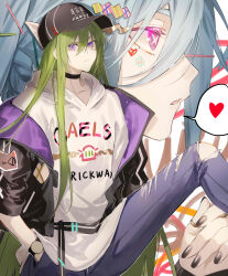 Rule 34 | 1boy, 1girl, black jacket, black nails, blue hair, bsq, denim, enkidu (fate), fate/grand order, fate (series), grey hair, hair between eyes, hands in pockets, hat, heart, highres, hood, hood down, hoodie, jacket, jewelry, long hair, looking at viewer, mother and son, open clothes, open jacket, pink eyes, pointy ears, profile, purple eyes, ring, speech bubble, symbol-shaped pupils, tiamat (fate), torn clothes, very long hair, white hoodie, x-shaped pupils, x x