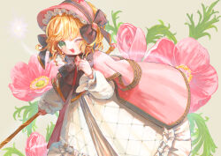 Rule 34 | 1girl, 58 (scbaby), absurdres, alternate costume, blonde hair, blush, bonnet, bow, bowtie, brown bow, brown bowtie, cape, commentary request, crystal, dress, feet out of frame, flower, frilled sleeves, frills, green eyes, highres, hinaichigo, holding, holding staff, lolita fashion, long sleeves, looking at viewer, one eye closed, open mouth, pink cape, pink flower, pink gemstone, pink headwear, rozen maiden, short hair, smile, solo, staff, white dress