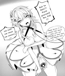 Rule 34 | bell, breast hold, breast press, breasts, breasts out, cleavage, collar, collarbone, crying, crying with eyes open, dress, eyelashes, eyes visible through hair, genshin impact, greyscale, highres, large breasts, looking at viewer, lumine (genshin impact), manga (object), monochrome, neck bell, open mouth, screaming, short hair, shouting, simple background, sitting, tears, unosaki2, white dress