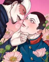 Rule 34 | 2boys, absurdres, beard, black hair, burn scar, buzz cut, eye contact, facial hair, flower, forehead protector, golden kamuy, gradient background, hand on another&#039;s chin, highres, imperial japanese army, looking at another, military uniform, multiple boys, mustache, panic 0525, pink background, scar, scar on face, short hair, tsurumi tokushirou, uniform, upper body, usami tokishige, very short hair, yaoi