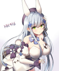 Rule 34 | 1girl, absurdres, animal ears, bare shoulders, beret, black hat, blue hair, blush, breasts, character name, cleavage, closed mouth, collarbone, commentary request, detached sleeves, dress, facial mark, flower, girls&#039; frontline, gradient background, green eyes, grey background, hair between eyes, hair flower, hair ornament, hat, highres, hk416 (girls&#039; frontline), hk416 (herbal-flavored hard candy) (girls&#039; frontline), juliet sleeves, kemonomimi mode, large breasts, leaning forward, long hair, long sleeves, looking at viewer, official alternate costume, puffy sleeves, rabbit ears, rabbit girl, rabbit tail, sleeves past wrists, sob (submar1089), solo, strapless, tail, very long hair, white background, white dress, white flower, white sleeves