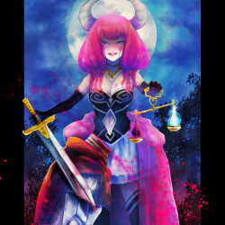 Rule 34 | 1girl, aura (sousou no frieren), balance scale, black footwear, black gloves, blood, blood on breasts, blood on face, blue eyes, cape, clothing cutout, dated, decapitation, demon girl, demon horns, elbow gloves, full moon, gloves, gold necklace, hei-b, highres, holding, holding scale, holding sword, holding weapon, horns, jewelry, lipstick, looking at viewer, makeup, medium hair, moon, navel, navel cutout, necklace, night, outdoors, pillarboxed, pink hair, skirt, sousou no frieren, standing, sword, weapon, weighing scale, white skirt