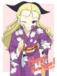 Rule 34 | 1girl, assam (girls und panzer), blonde hair, blue eyes, calligraphy brush, commentary, dated, english text, facepaint, floral print, frown, furisode, girls und panzer, hair pulled back, hand on own hip, happy new year, highres, holding, holding brush, ichinose jun, japanese clothes, kimono, long hair, long sleeves, looking at viewer, new year, obi, one eye closed, open mouth, paintbrush, pink kimono, print kimono, sash, solo, standing, wide sleeves