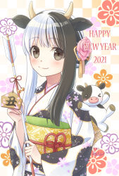 Rule 34 | 1girl, 2021, animal ears, animal print, arrow (projectile), black eyes, blush, checkered background, chinese zodiac, cow, cow ears, cow girl, cow horns, cow print, flower, hair bun, hair flower, hair ornament, hamaya, happy new year, holding, holding arrow, horns, ibuki ena, japanese clothes, kimono, long sleeves, looking at viewer, multicolored hair, new year, obi, original, print kimono, sash, smile, solo, two-tone hair, upper body, year of the ox