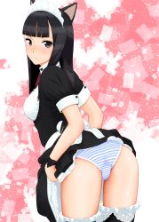 Rule 34 | 1girl, animal ears, ass, black eyes, black hair, black thighhighs, blush, bow, breasts, cat ears, clothes lift, frilled thighhighs, frills, from behind, highres, leaning forward, long hair, looking back, maid, maid headdress, nanahime, original, panties, skirt, skirt lift, solo, striped clothes, striped panties, thighhighs, underwear