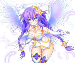 Rule 34 | 1girl, angel wings, artist name, blue eyes, braid, breasts, cleavage, closed mouth, cowboy shot, flower, four goddesses online: cyber dimension neptune, gloves, hair flower, hair ornament, halo, highres, large breasts, long hair, looking at viewer, neptune (series), power symbol, power symbol-shaped pupils, purple hair, purple heart (neptunia), smile, solo, symbol-shaped pupils, twin braids, very long hair, wings
