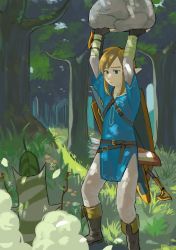 Rule 34 | 1boy, absurdres, arrow (projectile), blue eyes, blue tunic, brown footwear, closed mouth, dappled sunlight, foreshortening, grass, highres, holding, holding rock, link, male focus, nintendo, outdoors, pointy ears, rock, sad, shield, shield on back, solo, standing, sunlight, the legend of zelda, the legend of zelda: breath of the wild, tree, turquoise iro
