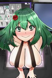 Rule 34 | 1girl, :&gt;, @ @, absurdres, bags under eyes, blush, breasts, cleavage, commentary, drawing tablet, english commentary, flower, green eyes, green hair, hair flower, hair ornament, herd001, highres, indie virtual youtuber, koopa fortuna, large breasts, long hair, looking at viewer, monitor, skindentation, slingshot swimsuit, solo, swimsuit, tearing up, through medium, through screen, virtual youtuber