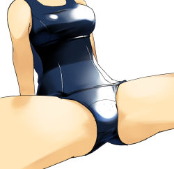 Rule 34 | 1girl, breasts, female pubic hair, genmai-doublevision, head out of frame, large breasts, one-piece swimsuit, original, pubic hair, pubic hair peek, school swimsuit, shiny clothes, sitting, solo, spread legs, swimsuit, taut clothes, taut swimsuit