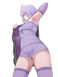 Rule 34 | 1girl, ahoge, arm up, armpits, black jacket, black panties, blush, breasts, detached sleeves, dress, embarrassed, frilled dress, frills, grey eyes, hair ornament, hair tubes, highres, jacket, looking at viewer, panties, pul paca, purple hair, purple sleeves, purple thighhighs, short dress, short hair with long locks, simple background, skindentation, small breasts, smell, solo, steaming body, sweatdrop, thighhighs, thighs, underwear, voiceroid, white background, yuzuki yukari