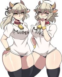 Rule 34 | 2girls, ahoge, animal ears, blush, breasts, cow ears, cow girl, cow horns, cowbell, curvy, grey hair, hand on own hip, horns, large breasts, long hair, medium breasts, multiple girls, ribbon, shirt, short hair, siblings, thick thighs, thighhighs, thighs, twins, wavy hair, white shirt, wide hips, wrist guards, yellow eyes