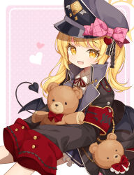 Rule 34 | 1girl, absurdres, black coat, black hat, blonde hair, blue archive, coat, halo, hat, hat ornament, heart, heart hat ornament, highres, ibuki (blue archive), long hair, looking at viewer, open mouth, peaked cap, saekiya sabou, side ponytail, sleeves past fingers, sleeves past wrists, smile, solo, stuffed animal, stuffed toy, teddy bear, yellow eyes, yellow halo