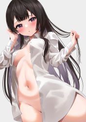 Rule 34 | 1girl, absurdres, black hair, blush, breasts, collared shirt, cowboy shot, dress shirt, from below, groin, hands in hair, highres, koisuke, long hair, long sleeves, looking at viewer, looking down, medium breasts, naked shirt, navel, no panties, open clothes, open shirt, original, parted lips, red eyes, shirt, simple background, solo, stomach, unbuttoned, unbuttoned shirt, underboob, very long hair, white background