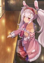 Rule 34 | 1girl, animal ears, azur lane, beer mug, blush, collarbone, commentary request, cup, drink, drinking glass, fake animal ears, hair between eyes, hair ornament, highres, holding, holding cup, ice, ice cube, jacket, laffey (azur lane), light purple hair, long hair, looking at viewer, mug, red eyes, sitting, solo, table, thighhighs, twintails, white thighhighs, yu ni t