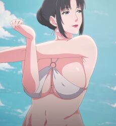 Rule 34 | 1girl, beach, bikini, black eyes, black hair, breasts, cleavage, covered erect nipples, earrings, highres, jewelry, large breasts, long hair, looking ahead, mature female, mole, mole under mouth, my mother the animation, nush (xter), ocean, ponytail, red lips, smile, solo, swimsuit, white bikini, xter, xtermination