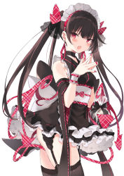 Rule 34 | 1girl, :o, bare shoulders, black dress, black hair, black thighhighs, bow, breasts, choker, cowboy shot, detached sleeves, dress, earrings, frilled dress, frills, garter belt, hair bow, jewelry, long hair, looking at viewer, maid headdress, medium breasts, nail polish, nanananana, obi, open mouth, original, red eyes, sash, simple background, solo, steepled fingers, tail, thighhighs, twintails, very long hair, white background, wide sleeves, wings, zettai ryouiki
