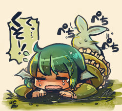 Rule 34 | 1girl, blush, chibi, closed eyes, crying, dated, dress, female focus, fins, grass, green hair, head fins, long sleeves, mermaid, monster girl, open mouth, same anko, solo, tears, touhou, translation request, wakasagihime, wavy mouth