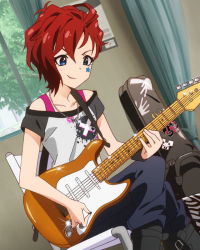 Rule 34 | 10s, 1girl, blue eyes, denim, electric guitar, guitar, guitar case, heart, idolmaster, idolmaster million live!, instrument, instrument case, jeans, jewelry, julia (idolmaster), lipstick, makeup, music, necklace, official art, pants, playing instrument, punk, red hair, short hair, smile, smirk, star (symbol)
