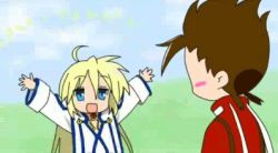 Rule 34 | 1boy, 1girl, animated, animated gif, blonde hair, blue eyes, colette brunel, lloyd irving, long hair, lowres, lucky star, open mouth, paffendorf, parody, red shirt, shirt, style parody, tales of (series), tales of symphonia