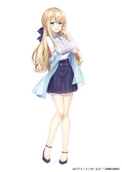 Rule 34 | 1girl, :d, badminton girls, bare legs, blonde hair, blouse, blue eyes, blue skirt, blush, bow, breasts, full body, hair bow, high heels, large breasts, long hair, long sleeves, looking at viewer, masuishi kinoto, natori maria, official art, open mouth, pleated skirt, shirt, simple background, skirt, smile, solo, white background, white shirt