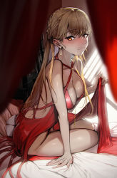Rule 34 | 1girl, absurdres, bed, bed sheet, blonde hair, blush, breasts, cleavage, clothes lift, dress, dress lift, earrings, girls&#039; frontline, gun, highres, jewelry, korean commentary, large breasts, lifting own clothes, long hair, no panties, nose blush, official alternate costume, on bed, orange eyes, ots-14 (girls&#039; frontline), ots-14 (ruler of the banquet) (girls&#039; frontline), red dress, sd bigpie, sitting, smile, solo, weapon