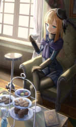 Rule 34 | 1girl, absurdres, aqua eyes, beret, black hat, black pantyhose, blonde hair, blue dress, blue jacket, blue scarf, blush, breasts, brown gloves, cropped jacket, dress, fate (series), fur collar, gloves, grey rose, hat, highres, jacket, long hair, long sleeves, looking at viewer, lord el-melloi ii case files, pantyhose, reines el-melloi archisorte, scarf, sidelocks, silvertsuki, sitting, small breasts, solo, thighs, tilted headwear