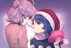 Rule 34 | 2girls, ahoge, ainy, arm at side, back, bad id, bad pixiv id, blue eyes, blue hair, blush, closed mouth, doremy sweet, embarrassed, eyebrows, food, food in mouth, frown, half updo, hand on own face, hat, holding, kishin sagume, long sleeves, looking at another, looking up, mouth hold, multiple girls, nightcap, no wings, pocky, pocky day, pom pom (clothes), purple background, red eyes, short hair, signature, silver hair, smile, strawberry pocky, sweat, touhou, turtleneck, upper body, yuri