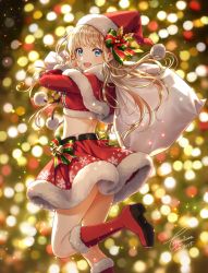 Rule 34 | 1girl, :d, bag, bell, blonde hair, blue eyes, blurry, blurry background, blush, bokeh, boots, breasts, capelet, christmas, commentary request, crop top, dated, depth of field, floating hair, from side, fur-trimmed boots, fur trim, gift, gloves, hat, holding, holding bag, jingle bell, knee boots, leg up, long hair, looking at viewer, looking back, medium breasts, midriff, miniskirt, morikura en, open mouth, original, pom pom (clothes), sack, santa boots, santa costume, santa gloves, santa hat, sidelocks, signature, skirt, smile, solo, standing