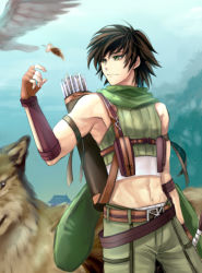 Rule 34 | 1boy, armpits, arrow (projectile), belt, bird, bow (weapon), brown belt, brown gloves, brown hair, closed mouth, commentary request, cowboy shot, crop top, falcon, feathers, fingerless gloves, gloves, green eyes, green scarf, green shirt, green shorts, holding, holding bow (weapon), holding weapon, looking to the side, male focus, midriff, misuguu, navel, pouch, quiver, ragnarok online, ranger (ragnarok online), scarf, shirt, short hair, shorts, sleeveless, sleeveless shirt, smile, solo, toned, toned male, weapon, wolf
