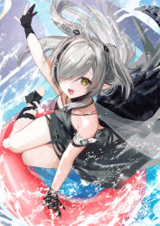 Rule 34 | 1girl, arknights, bare shoulders, black dress, black gloves, black hair, black socks, brown eyes, commentary request, crocodilian tail, dress, from above, gloves, grey hair, hair over one eye, highres, long hair, looking at viewer, looking up, multicolored hair, nima (niru54), official alternate costume, official alternate hairstyle, outstretched arm, partially fingerless gloves, pointy ears, sleeveless, sleeveless dress, socks, solo, stirrup legwear, streaked hair, tail, toeless legwear, tomimi (arknights), two side up, very long hair