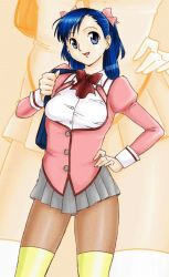 Rule 34 | 1girl, bag, blue eyes, blue hair, bow, breasts, brown thighhighs, hair bow, hand on own hip, handbag, hip focus, miniskirt, open mouth, original, pantyhose, school uniform, skirt, small breasts, thighhighs, thighs, uraharukon, yellow thighhighs, zoom layer