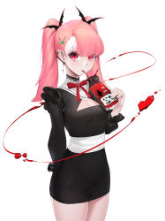 Rule 34 | 1girl, absurdres, arm behind back, bat hair ornament, black dress, blood, blood bag, blunt bangs, breasts, cleavage, commentary request, cowboy shot, cup, dress, drinking, drinking blood, drinking straw, earrings, fei mao, hair ornament, hairclip, hand up, highres, holding, holding cup, jewelry, long sleeves, looking at viewer, medium breasts, neck ribbon, original, pink hair, pointy ears, red ribbon, revision, ribbon, short dress, signature, simple background, solo, twintails, white background