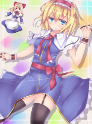 Rule 34 | 1girl, alice margatroid, black thighhighs, blonde hair, blue dress, blue eyes, blush, breasts, capelet, dress, garter straps, hairband, jewelry, kutan, lolita hairband, looking at viewer, puppet rings, ring, sash, shanghai doll, short hair, smile, solo, thighhighs, touhou, wrist cuffs