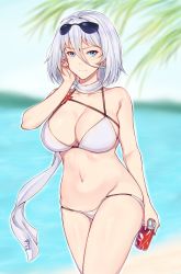 Rule 34 | 1girl, alternate costume, artist name, azur lane, band-width, bikini, blue eyes, blurry, blurry background, breasts, cleavage, closed mouth, cola, collarbone, day, earrings, eyewear on head, hair between eyes, highres, holding, jewelry, large breasts, looking at viewer, nail polish, navel, outdoors, pink nails, scarf, short hair, signature, silver hair, sky, solo, standing, sunglasses, swimsuit, tirpitz (azur lane), tirpitz (snow-melting summer) (azur lane), water, white bikini, white scarf