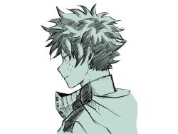 Rule 34 | 1boy, boku no hero academia, buthikireta, closed mouth, commentary request, cropped shoulders, expressionless, freckles, from side, green theme, greyscale, hood, hood down, male focus, mask, midoriya izuku, monochrome, mouth mask, multicolored hair, profile, simple background, solo, two-tone hair, uniform, upper body, white background