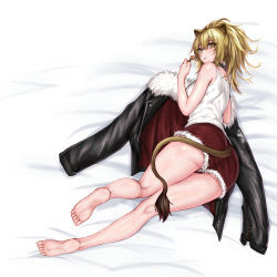 Rule 34 | 1girl, animal ears, arknights, ass, barefoot, black jacket, blonde hair, blush, breasts, candy, chinese commentary, commentary request, feet, food, full body, fur-trimmed jacket, fur-trimmed shorts, fur trim, hair between eyes, highres, holding, holding candy, holding food, holding lollipop, jacket, kneepits, leather, leather jacket, lion ears, lion tail, lollipop, long hair, looking at viewer, looking back, medium breasts, open mouth, red shorts, short shorts, shorts, siege (arknights), soles, solo, studded choker, tail, tank top, two-sided fabric, two-sided jacket, white tank top, yeklsa